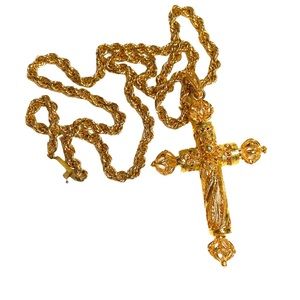 Large Gold Tone Three Dimensional Cross Filigree 3 Inches